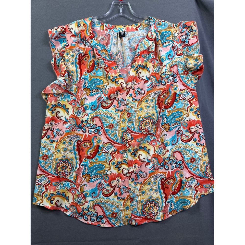 Shein Curve 1XL Paisley Ruffle Flutter Sleeve Blouse Multicolor Boho Top Women's